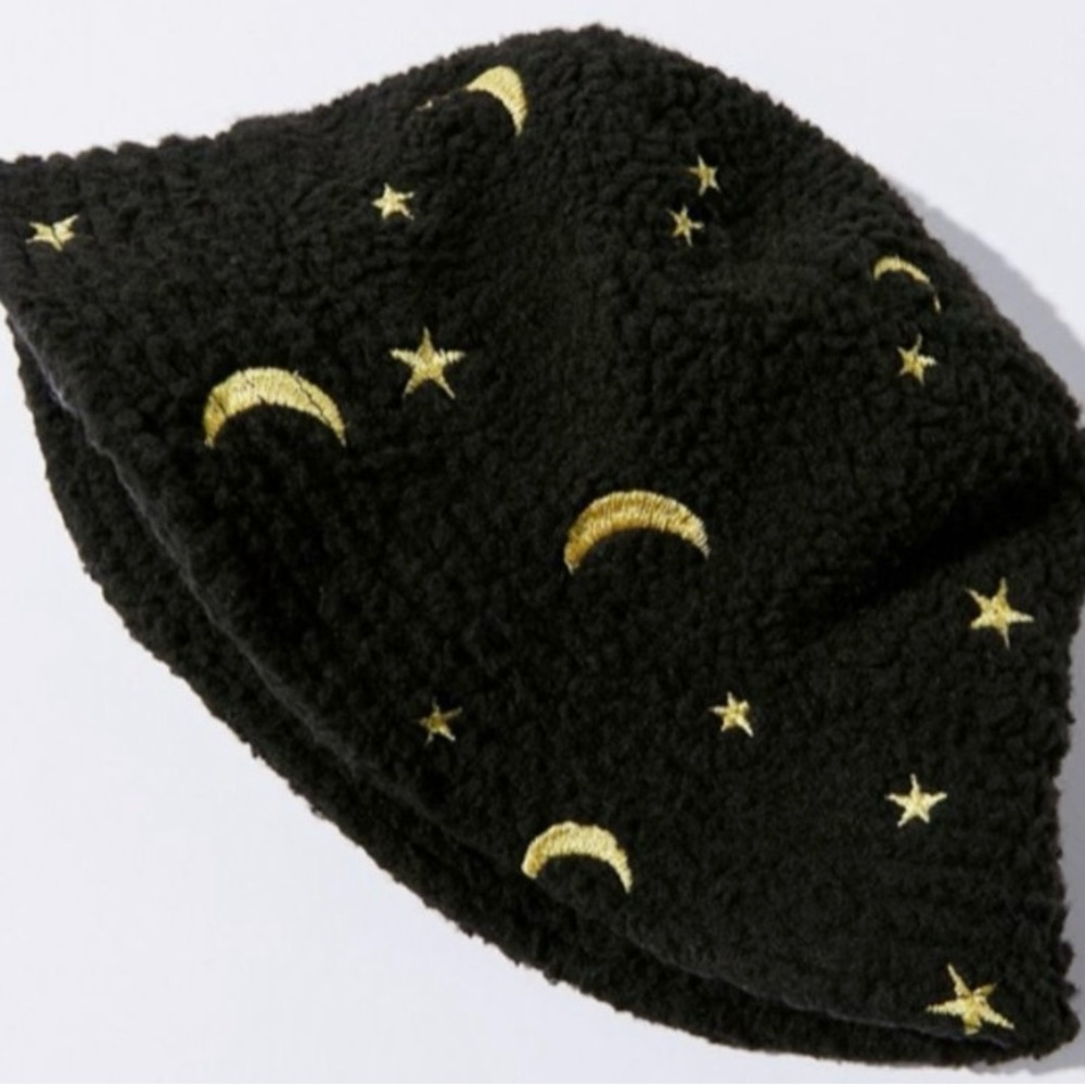 Dolls Kill Black Faux Sherpa Bucket Hat with Moon and Stars Design
